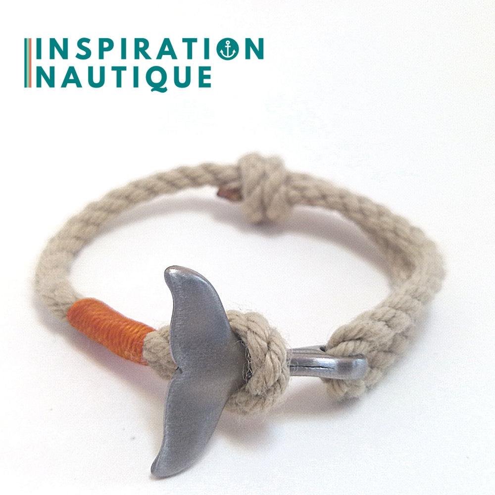 Marine bracelet with whale tail for women or men in vintage boat rope and stainless steel, adjustable, Natural and maritime colors