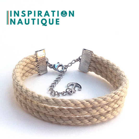 Bracelet marin triple rayures en cordage de bateau authentique et paracorde et acier inoxydable, Naturel, Medium