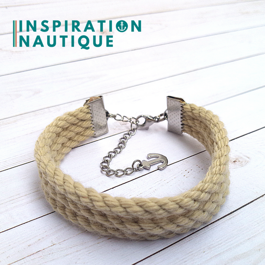 Bracelet marin triple rayures en cordage de bateau vintage et acier inoxydable, naturel