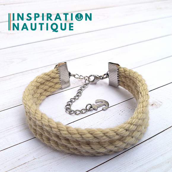 Bracelet marin triple rayures unisexe en cordage de bateau vintage et acier inoxydable, naturel