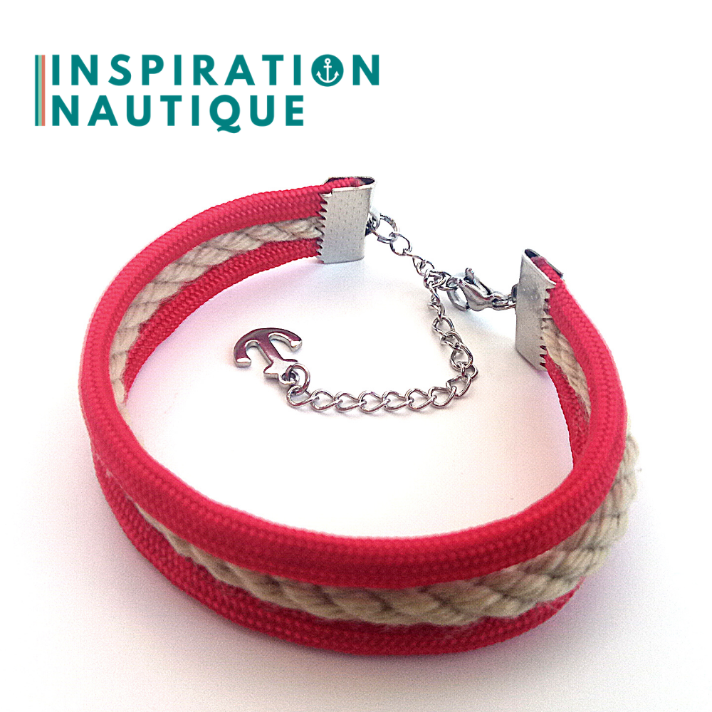 Bracelet marin triple rayures en cordage de bateau authentique et paracorde et acier inoxydable, Naturel et rouge, Medium
