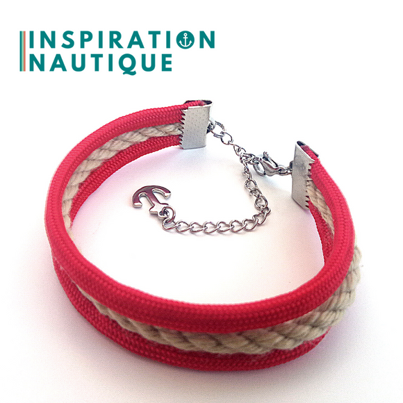 Prêt-à-partir | Bracelet marin triple rayures unisexe en cordage de bateau authentique et paracorde et acier inoxydable, Naturel et rouge, Medium