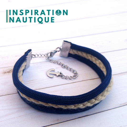 Bracelet marin triple rayures en cordage de bateau vintage et paracorde et acier inoxydable, naturel et marine