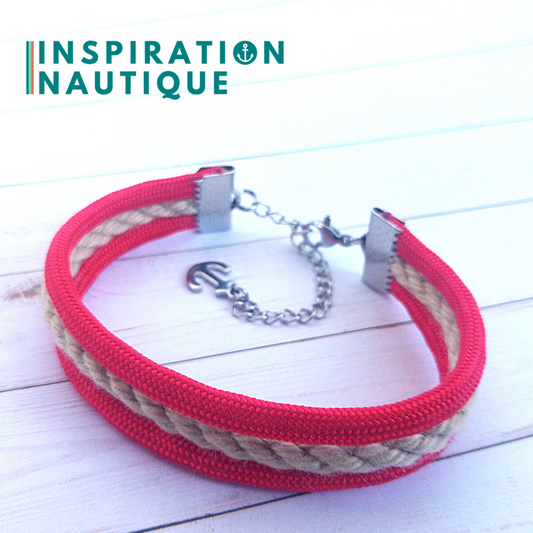 Bracelet marin triple rayures en cordage de bateau vintage et paracorde et acier inoxydable, naturel et rouge