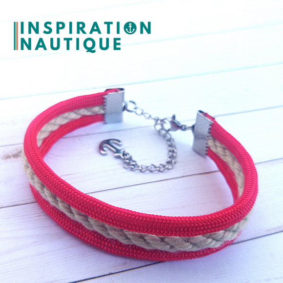 Bracelet marin triple rayures unisexe en cordage de bateau vintage et paracorde et acier inoxydable, naturel et rouge