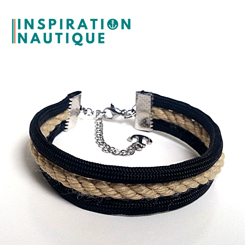 Bracelet marin triple rayures en cordage de bateau authentique et paracorde et acier inoxydable, naturel et noir