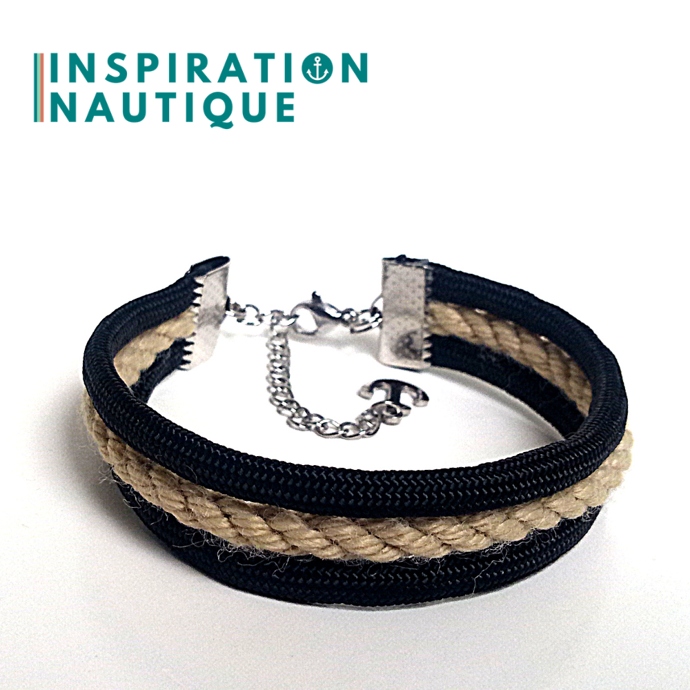Bracelet marin triple rayures en cordage de bateau authentique et paracorde et acier inoxydable, naturel et noir, Medium