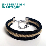 Bracelet marin triple rayures unisexe en cordage de bateau authentique et paracorde et acier inoxydable, naturel et noir