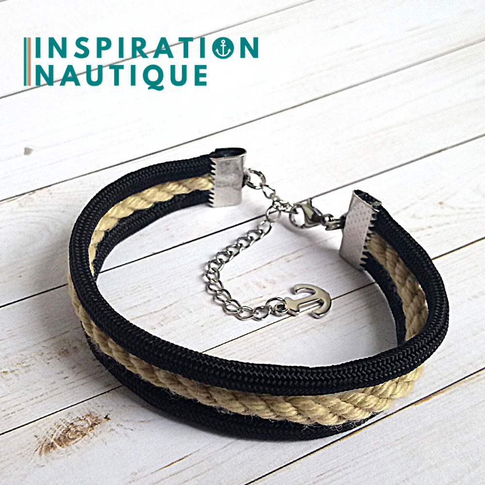 Bracelet marin triple rayures en cordage de bateau authentique et paracorde et acier inoxydable, naturel et noir