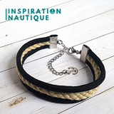 Bracelet marin triple rayures unisexe en cordage de bateau authentique et paracorde et acier inoxydable, naturel et noir