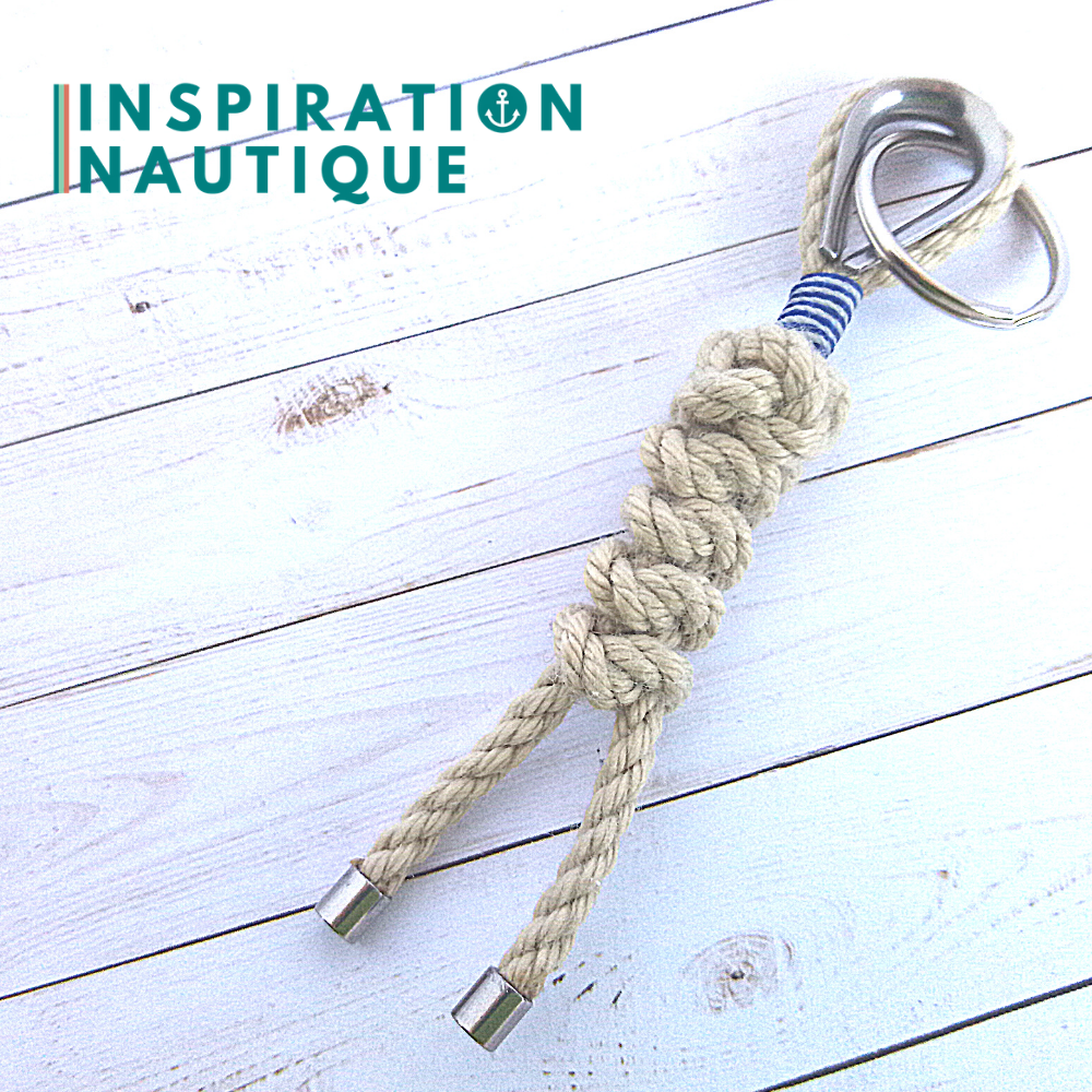 Key ring bosun's whistle knot and snake knot in vintage rope, Natural