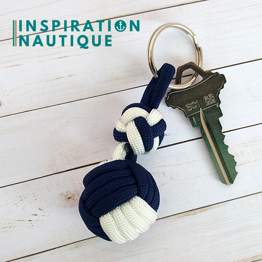 Key ring monkey fist knot and double bosun's whistle knot, Navy and white