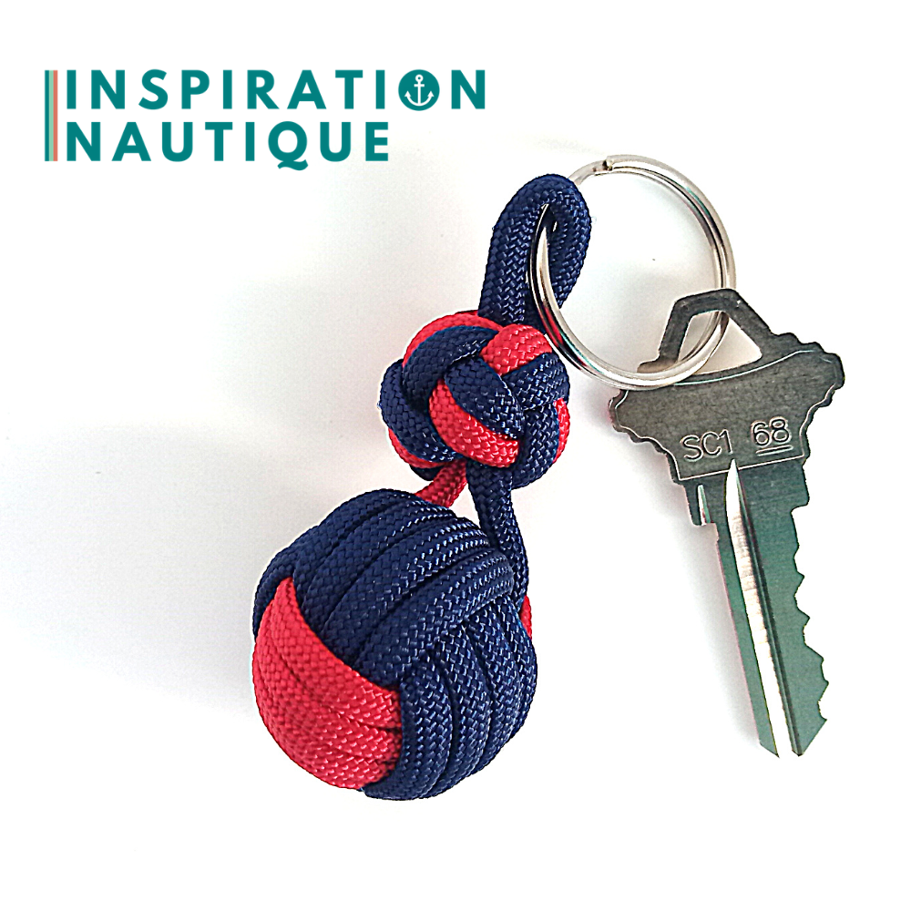 Key ring monkey fist knot and double bosun's whistle knot, Navy and red