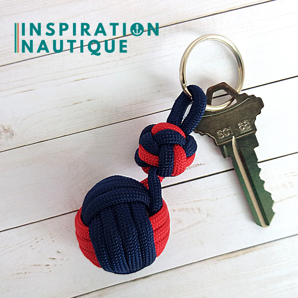 Key ring monkey fist knot and double bosun's whistle knot, Navy and red