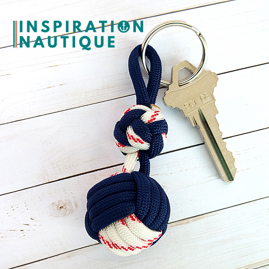 Key ring monkey fist knot and double bosun's whistle knot, Navy and white with red tracer