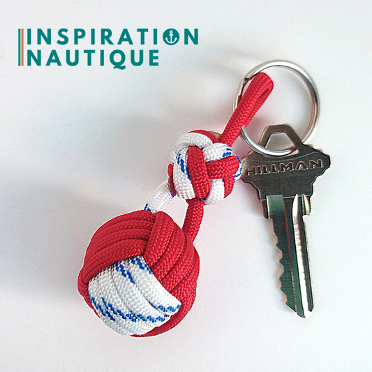 Key ring monkey fist knot and double bosun's whistle knot, Red and white with blue tracer