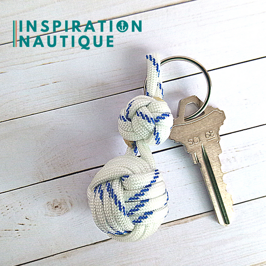 Key ring monkey fist knot and double bosun's whistle knot, White and white with blue tracer