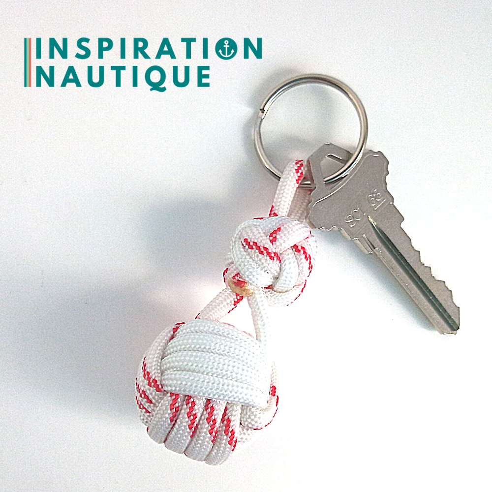 Key ring monkey fist knot and double boatswain's whistle knot, White and white with red tracer