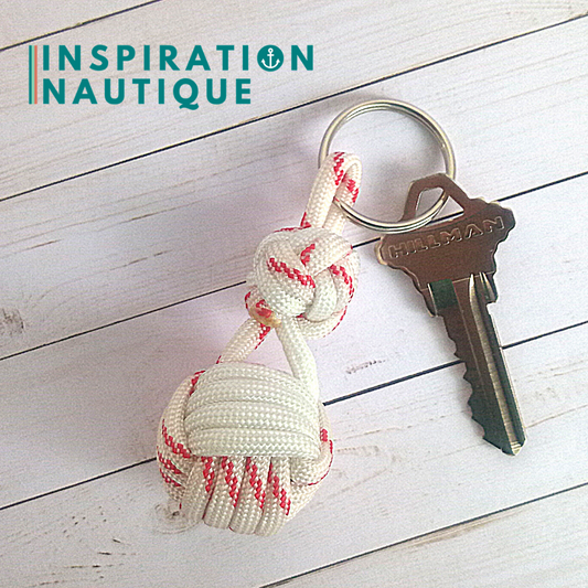 Key ring monkey fist knot and double boatswain's whistle knot, White and white with red tracer