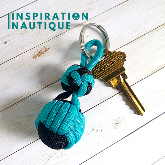 Porte-clé noeud poing de singe et double noeud de sifflet de bosco, Turquoise et noir