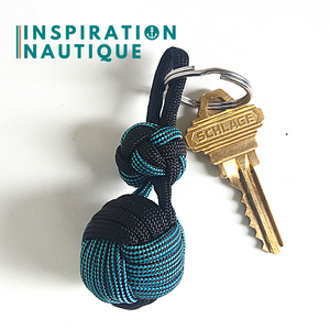 Prêt-à-partir | Porte-clé noeud poing de singe et double noeud de sifflet de bosco, Turquoise et noir ligné, et noir