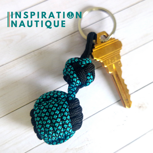 Porte-clé noeud poing de singe et double noeud de sifflet de bosco, Turquoise et noir, diamants, avec accent noir