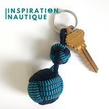 Porte-clé noeud poing de singe et double noeud de sifflet de bosco, Turquoise et noir, zigzags, avec accent noir