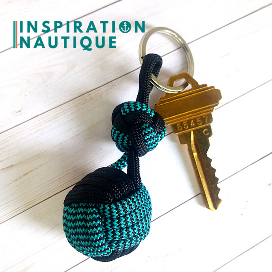 Porte-clé noeud poing de singe et double noeud de sifflet de bosco, Turquoise et noir, zigzags, avec accent noir