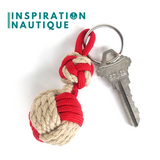 Porte-clé noeud poing de singe et double noeud de sifflet de bosco en cordage de bateau vintage et paracorde, naturel et rouge