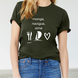 T-shirt unisexe : Mange, navigue, aime (voilier) - Visuel blanc
