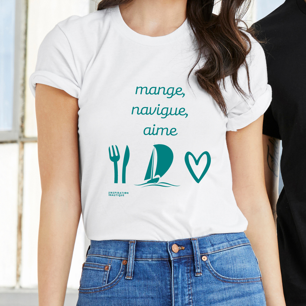 T-shirt unisexe : Mange, navigue, aime (voilier) - Visuel sarcelle
