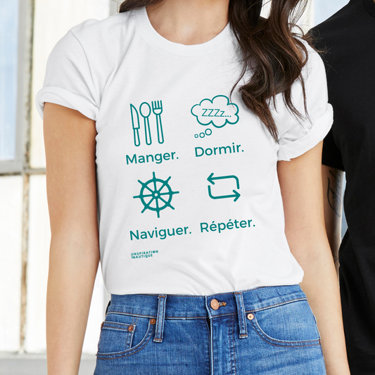 Unisex T-shirt: Eat, Sleep, Sail, Repeat (Wheel) - Teal Visual