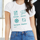 T-shirt unisexe : Manger, dormir, naviguer, répéter (roue) - Visuel sarcelle