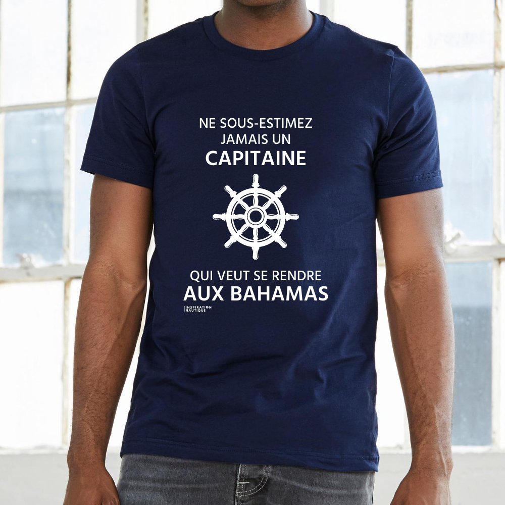 T-shirt unisexe : Ne sous-estimez jamais un capitaine qui veut se rendre aux Bahamas - Visuel blanc (roue)