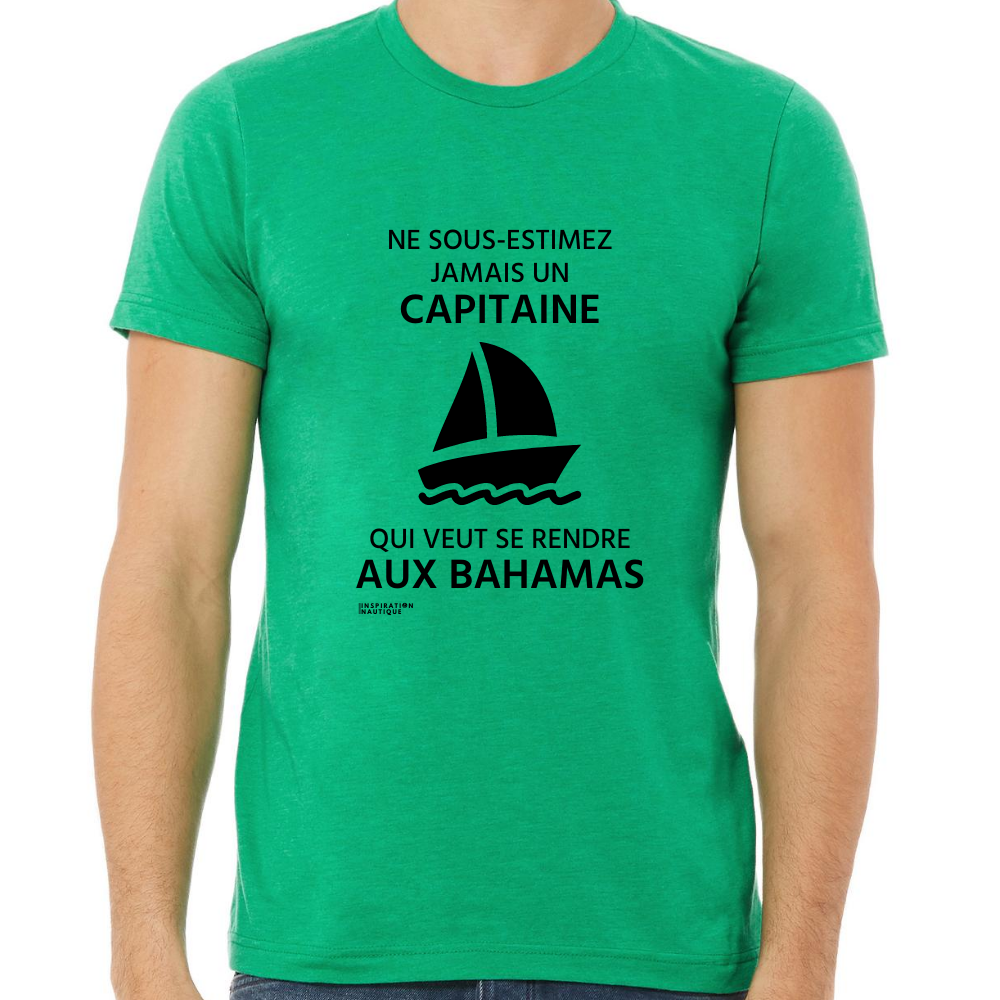 Unisex T-shirt: Never underestimate a captain who wants to go to the Bahamas - Black visual (sailing boat)