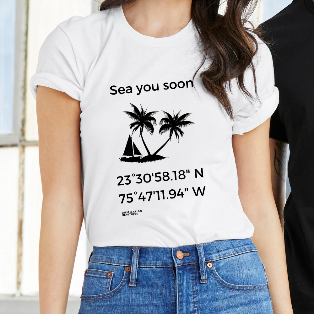 Unisex t-shirt: Sea you soon (sailboat and island) - Black visual
