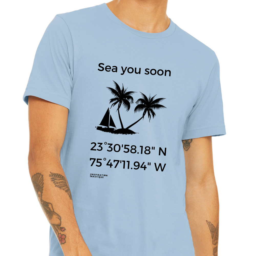 Unisex t-shirt: Sea you soon (sailboat and island) - Black visual
